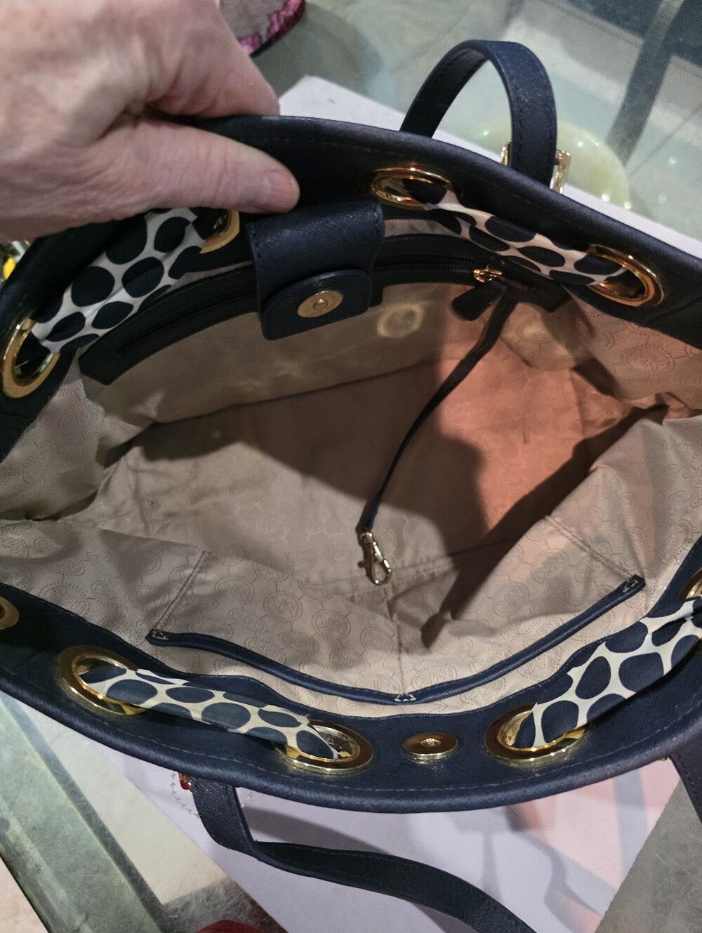 New Michael Kors Navy Saffiano Leather Tote with Polka Dot Scarf Accent - Picture 6 of 6